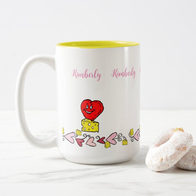 Coffee Tea Mugs, Mouse Cheese Love Hearts  Two-Tone Coffee Mug (With Donut)