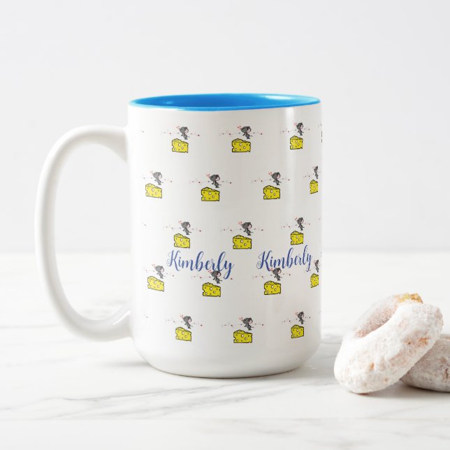 Coffee Tea Mugs, Mouse  Cheese Love Kisses  Two-To Two-Tone Coffee Mug (With Donut)