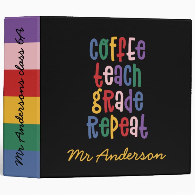 Coffee, teach, grade, repeat typography teacher 3 ring binder (Front/Spine)
