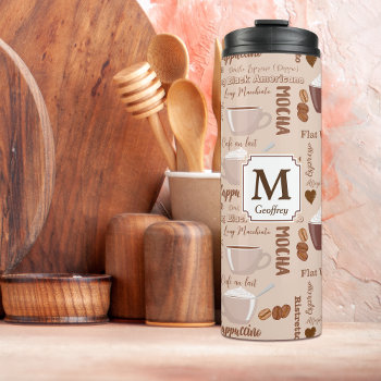 Coffee Terms Pattern Monogram Thermal Tumbler by AvenueCentral at Zazzle