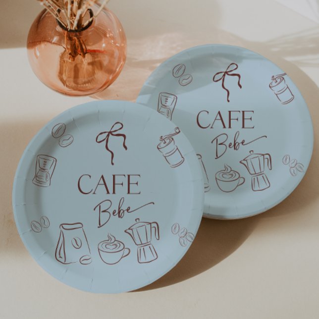 Coffee Theme Blue Bow Cafe Bebe Boy Baby Shower Paper Plates (Creator Uploaded)
