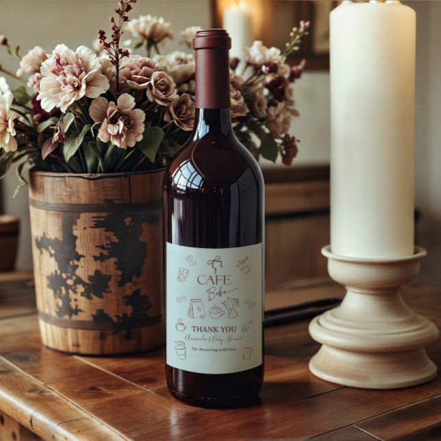 Coffee Theme Blue Bow Cafe Bebe Boy Baby Shower Wine Label (Creator Uploaded)