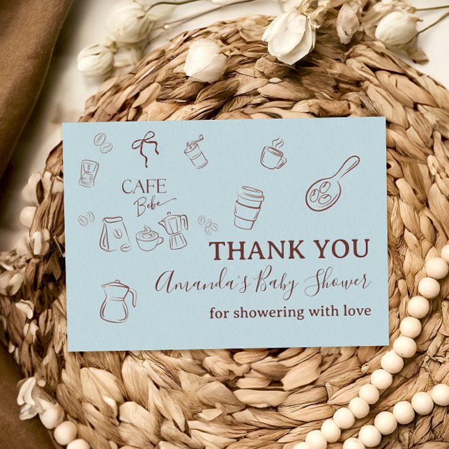 Coffee Theme Boy Blue Bow Cafe Bebe Baby Shower Thank You Card (Creator Uploaded)