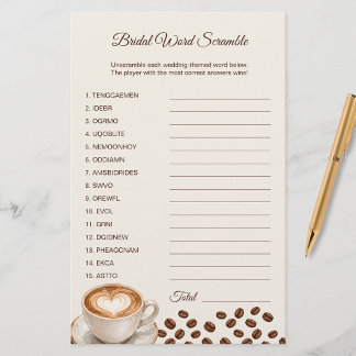 Coffee Theme Bridal Shower Game Word Scramble Card