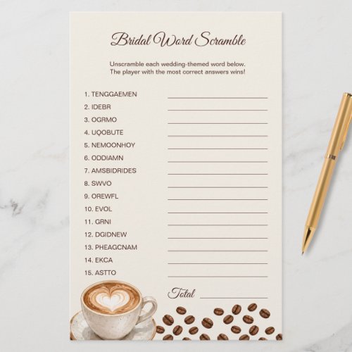 Coffee Theme Bridal Shower Game Word Scramble Card