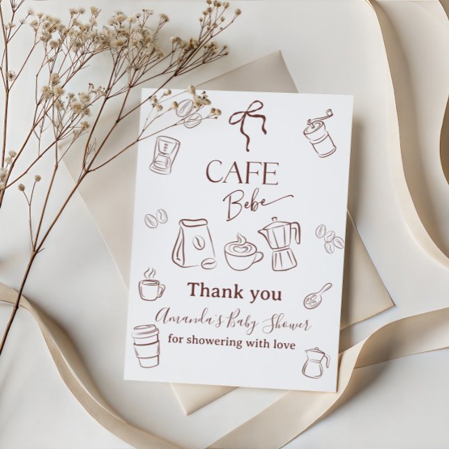 Coffee Theme Cafe Bebe Brewing Bow Baby Shower Thank You Card (Creator Uploaded)