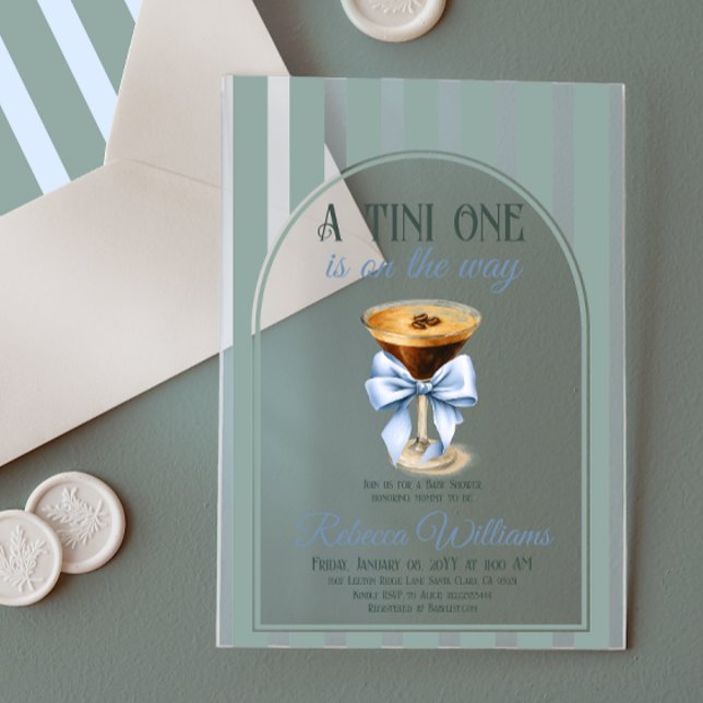 Coffee Theme Espresso Martini Blue Bow Baby Shower Acrylic Invitations (Creator Uploaded)