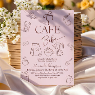 Coffee Theme Pink Bow Cafe Bebe Girl Baby Shower Invitation
