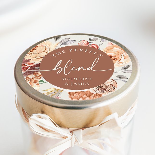 Coffee Theme "The Perfect Blend" Wedding Favor Classic Round Sticker (Creator Uploaded)