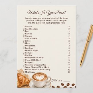 Coffee Theme What Is In Your Purse Shower Game Note Card