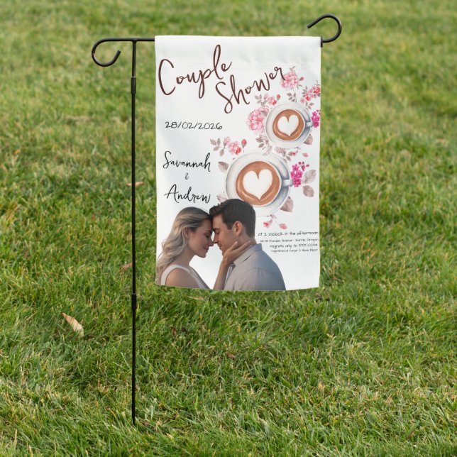 Coffee Themed Couple Shower Invitation Garden Flag (In SItu)