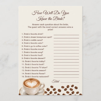 Coffee Themed How Well Do You Know the Bride Game Note Card