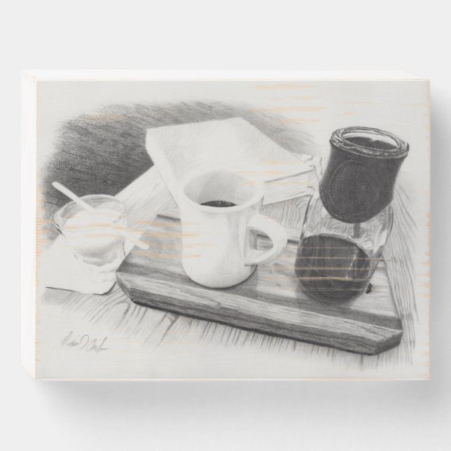 Coffee Themed Pencil Drawing Wooden Box Sign (Front Horizontal)