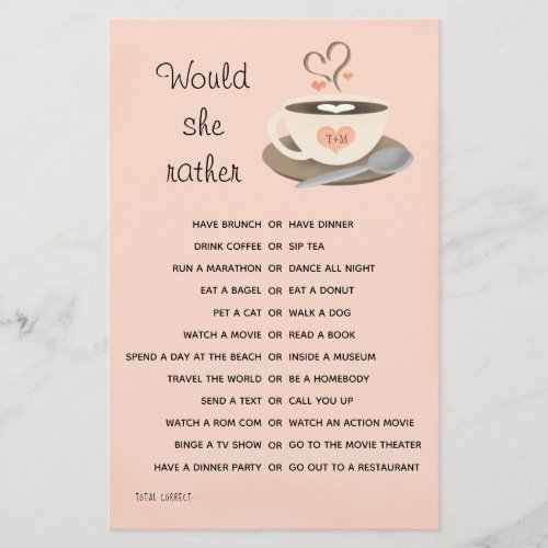 Coffee Themed Would She Rather Bridal Shower Game