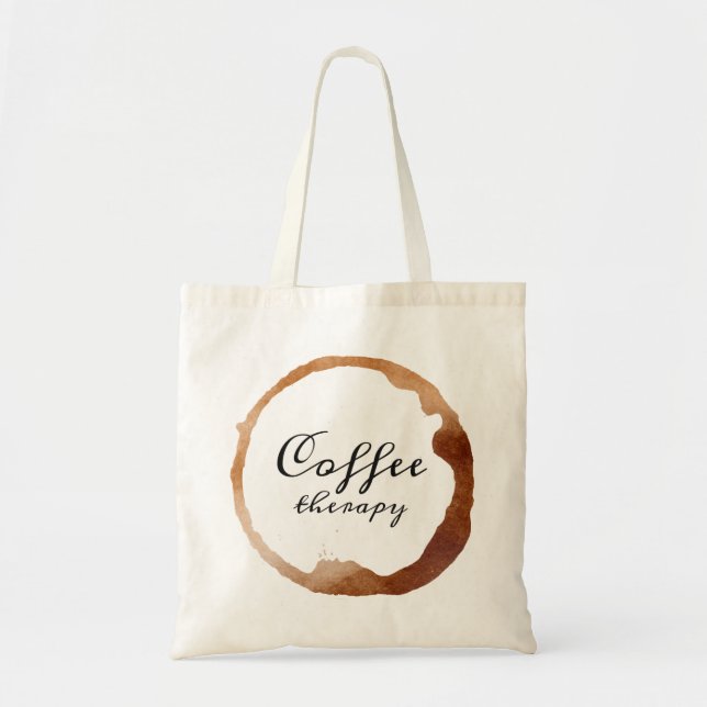 Coffee therapy text on a coffee cup stain design tote bag (Front)