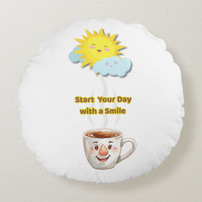 Coffee Time – Cute Smiling Cup Round Pillow (Front)