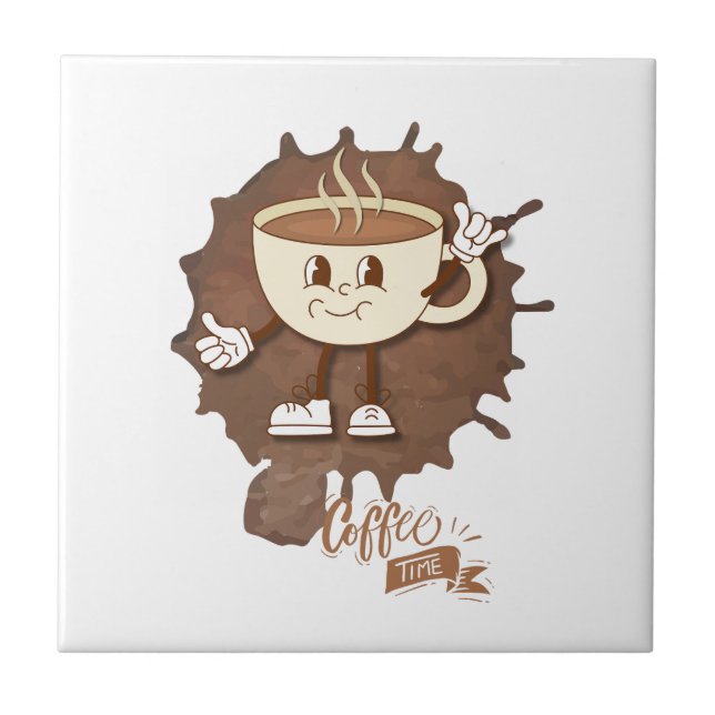 **Coffee Time – Cute Smiling Cup Steam  Ceramic Tile (Front)