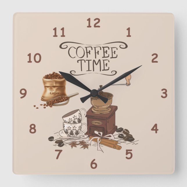 Coffee Time Grinder and Bag of Coffee Beans Square Wall Clock (Front)