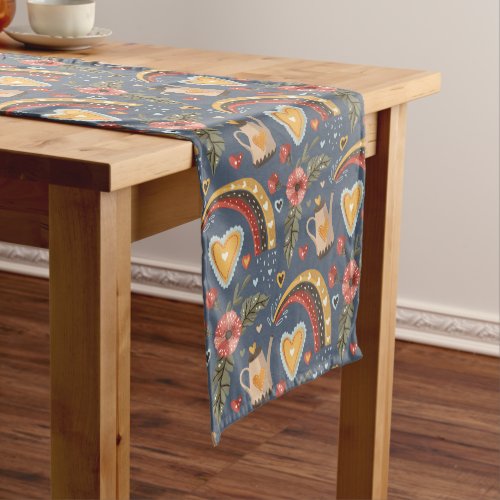 Coffee Time Heart Rainbow Boho Pattern Short Table Runner