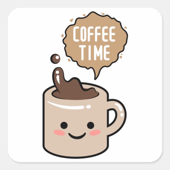 coffee time kawaii coffee cup illustration square sticker (Front)