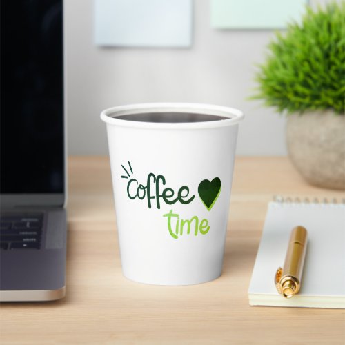 Coffee Time l Cool Green  White Heart  Paper Cups
