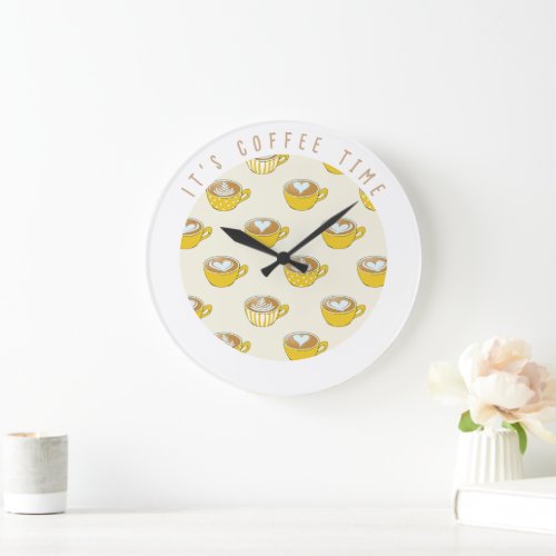 Coffee Time Latte Art in Cute Yellow Coffee Mugs Large Clock