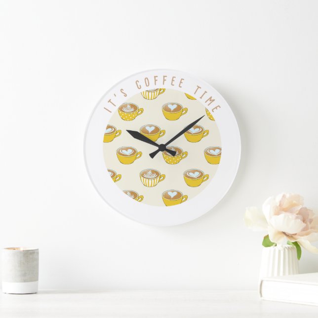 Coffee Time Latte Art in Cute Yellow Coffee Mugs Large Clock (Home)