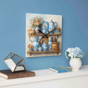 Coffee Time Vintage Coffee Set Blue White Square Wall Clock