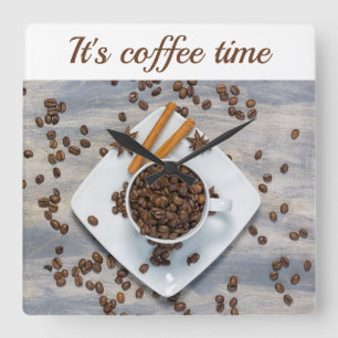 Coffee time with beans and cup customizable text square wall clock