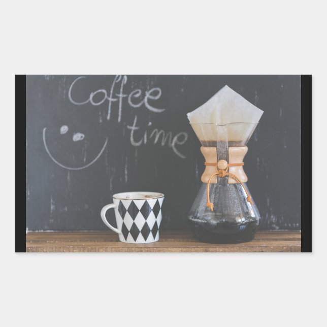 Coffee Time with Cup and Coffee Pot Rectangular Sticker (Front)