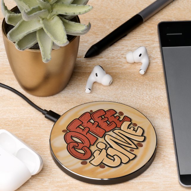 Coffee time words on milk foam wireless charger  (Desk 2)