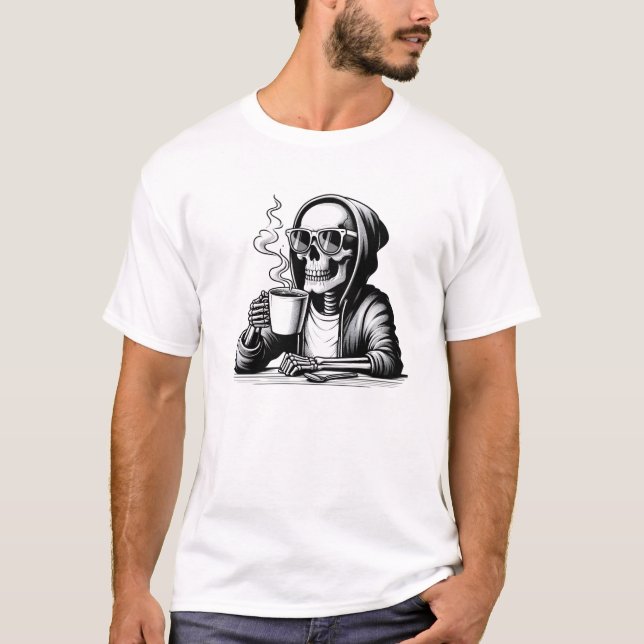 Coffee to the Bone – Funny Skeleton Coffee Design T-Shirt (Front)