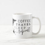 Coffee Travel Sleep Repeat Frequent Traveler Mug<br><div class="desc">Coffee, travel, sleep repeat quote and world map on a black and white mug with editable art and text colors. Let your wanderlust shine at home and dream about your next trip while using this cute coffee mug at home. Similar coordinating design is available on other types of mugs in...</div>