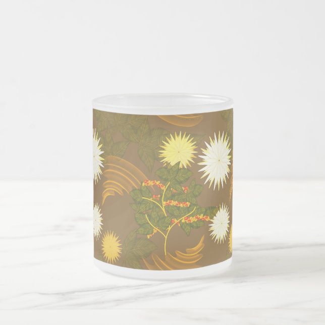 Coffee tree, flowers. frosted glass coffee mug (Center)