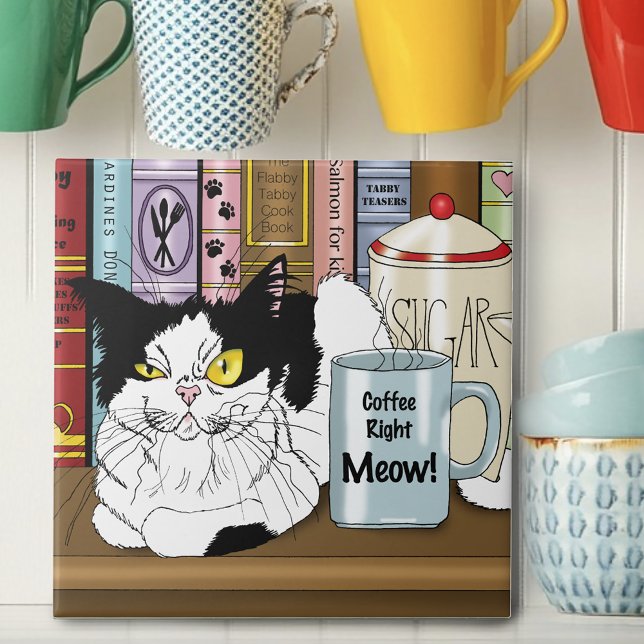 Coffee Tuxedo Cat Funny Ceramic Tile (Creator Uploaded)