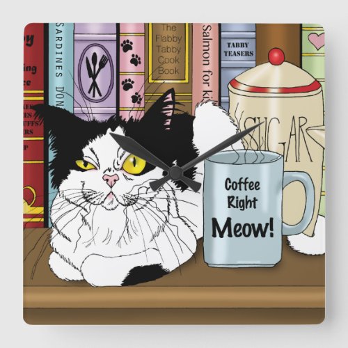 Coffee Tuxedo Cat Funny Square Wall Clock