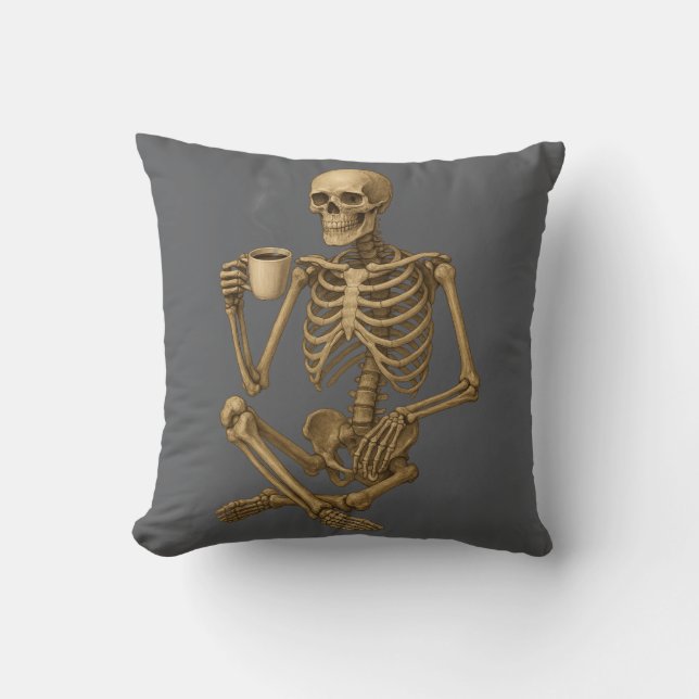Coffee Until Death – Skeleton Coffee Time Throw Pillow (Front)