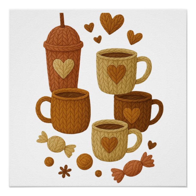 Coffee Valentine Day Love Knitted Hearts Hugs Poster (Front)