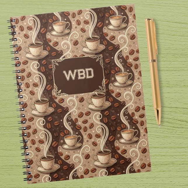 Coffee Vintage Look Cafe Pattern Monogram Initials Notebook (Creator Uploaded)
