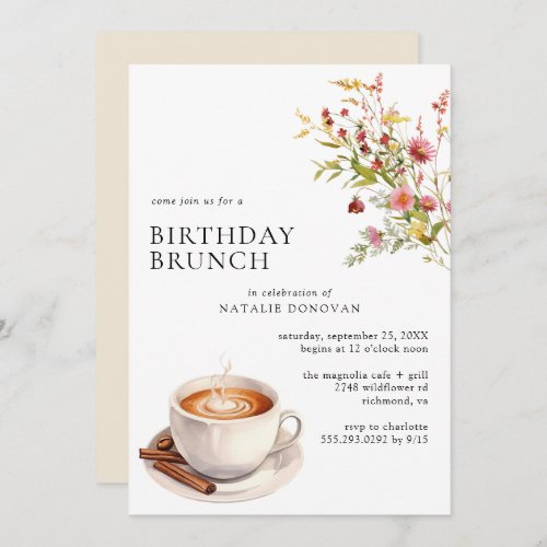 Coffee Wildflowers  Modern Floral Birthday Brunch Invitation