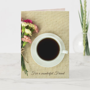 coffee with carnations on burlap card