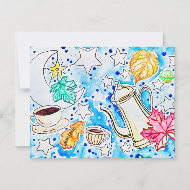 Coffee with Fall Leaves Art Note Card (Front)