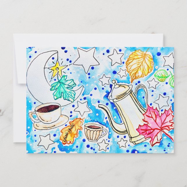 Coffee with Fall Leaves Art Note Card (Front)