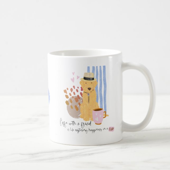 Coffee with Friend Quote Cute Labradoodle In Hat Coffee Mug (Right)