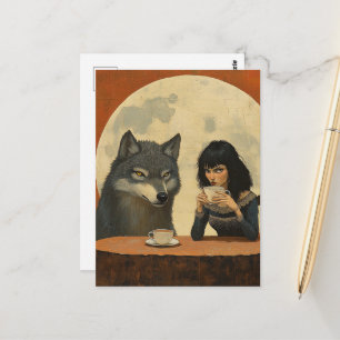 Coffee With the Wolf during a full moon moody Postcard