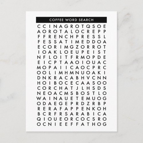 coffee word search puzzle postcard
