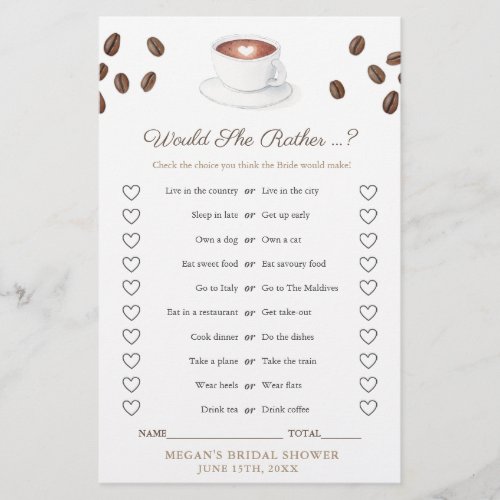 Coffee Would She Rather Wedding Shower Game Card