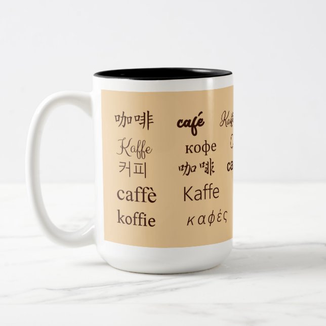 "Coffee" Written in 13 languages Two-Tone Coffee Mug (Left)