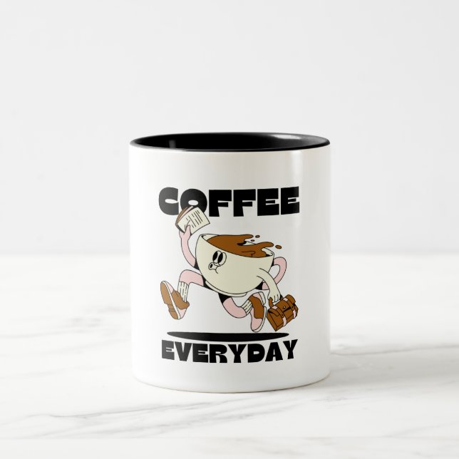 Coffeee everyday Brown Retro Illustrative  Two-Tone Coffee Mug (Center)
