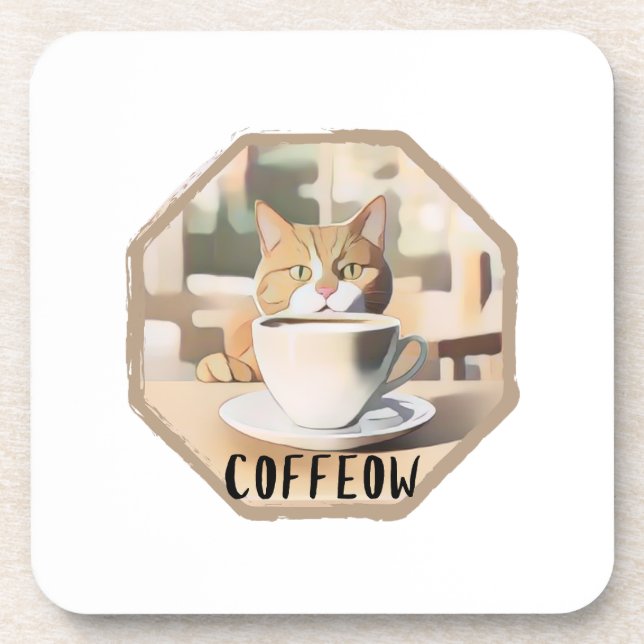 Coffeow Busy Cute Cat Beverage Coaster (Front)
